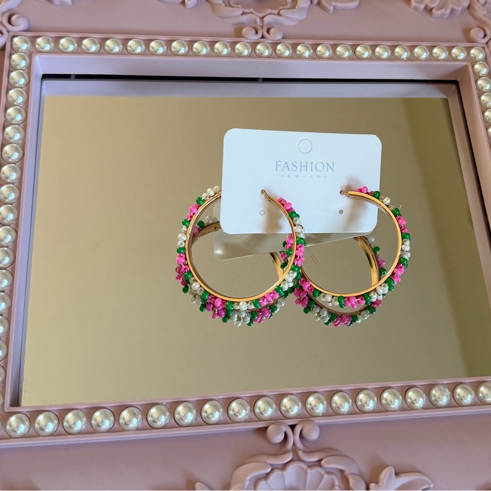 Fashion Jewelry Gold Hoop Earrings with Floral Accents